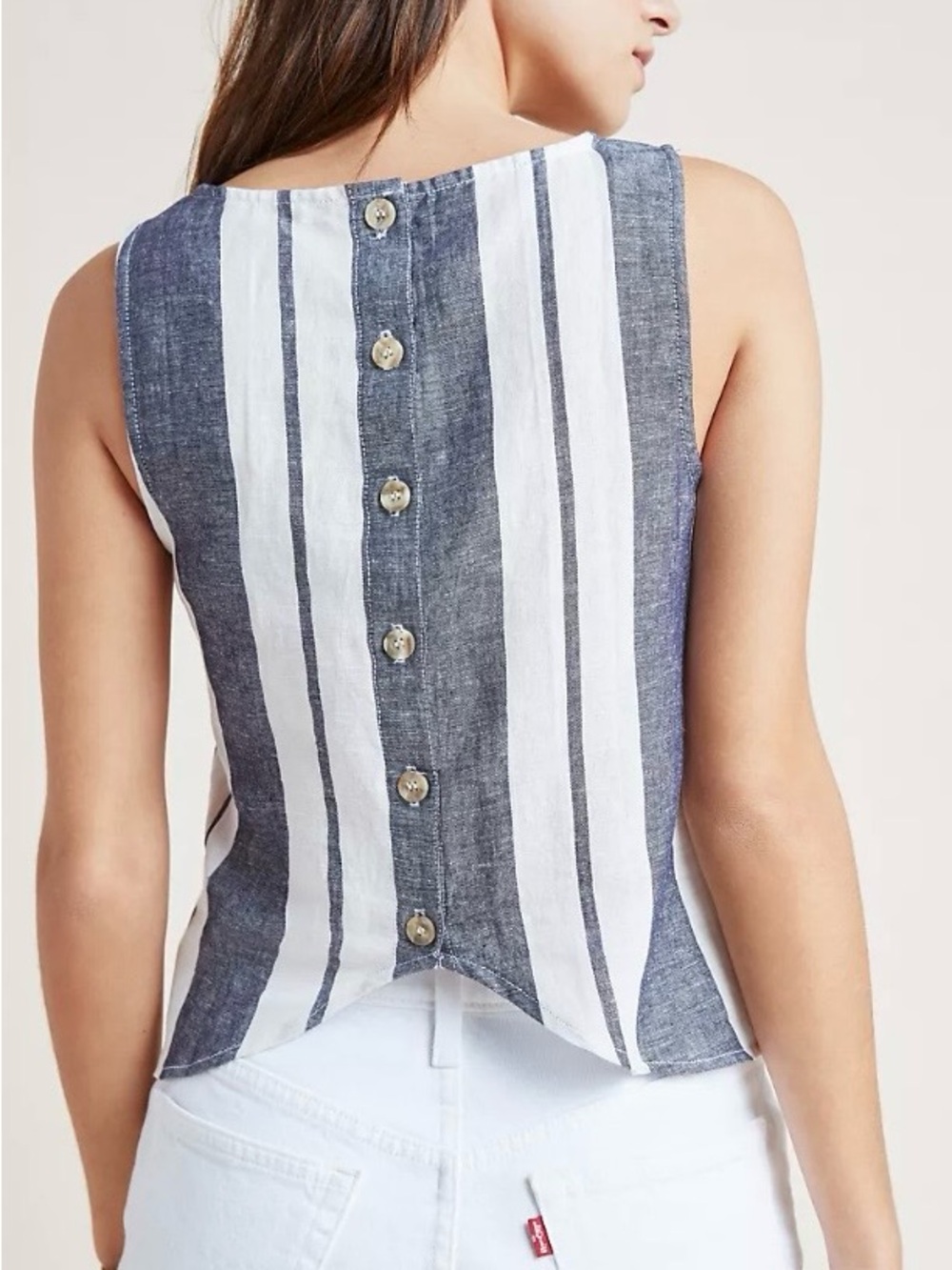 Maeve Anthropologie Blyton Striped Top Blue White Linen  Button Back Tank Size 6